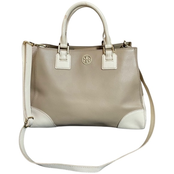 Tory Burch East West Robinson Satchel Tote Color Block Mid Camel Ivory - Picture 1 of 14